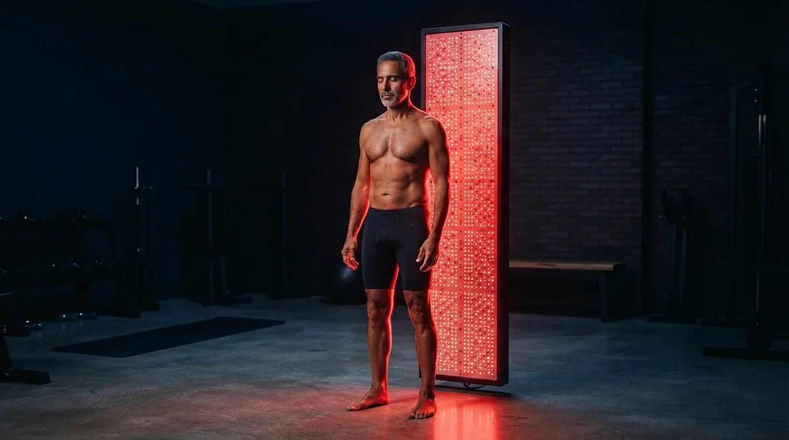 A man standing in front of a red light therapy panel